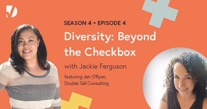 Jackie and Jen headshots on a podcast episode graphic