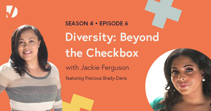 Precious and Jackie headshots on a podcast graphic