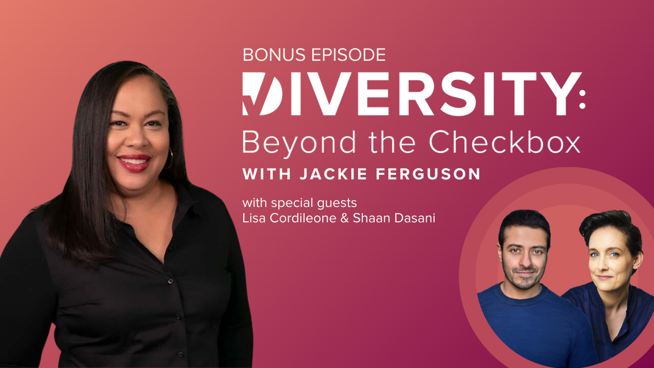 Jackie Ferguson, Lisa Cordileone and Shaan Dasani on a podcast episode graphic