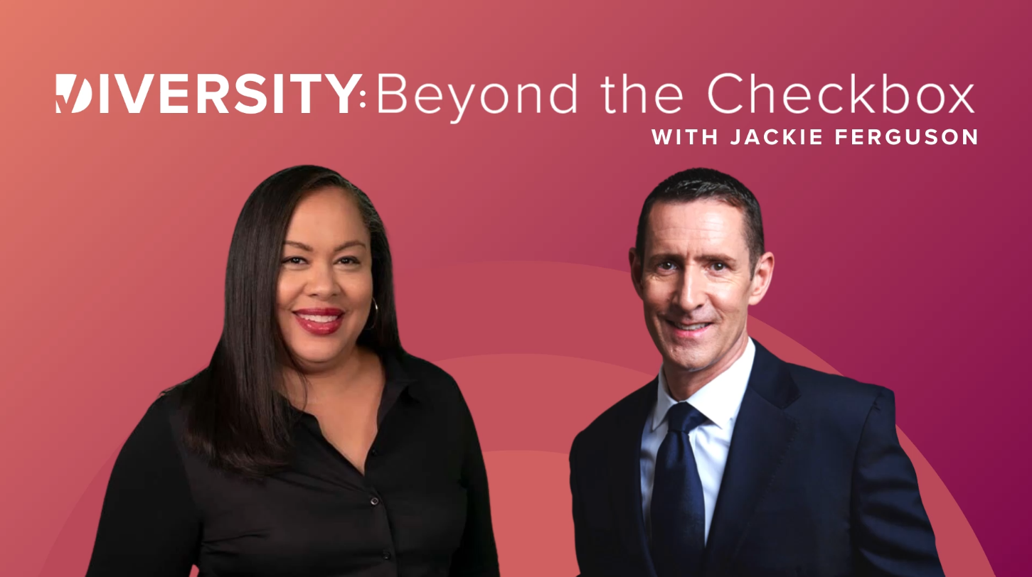Thumbnail with host Jackie Ferugson on the left, and guest Greg Morley on the right discussing inclusive leadership, psychological safety, and DEI in the current climate